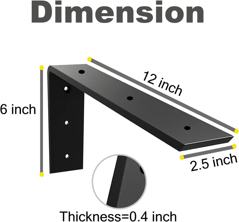 WINKER Countertop Support Bracket 2 Pack Heavy Duty 3/8" Thick Hidden L Shelf Bracket 12" x 6" x 2.5" Metal Corbels for Quartz/Granite/Wood/Concrete/Laminate Countertops, Black - Image 2